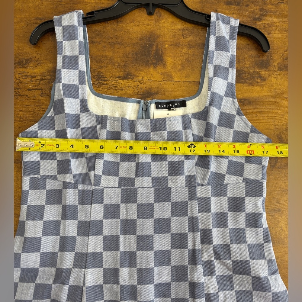 NWT Blue Blush Denim Checkered Mini Dress Size Large Square Neckline Sleeveless - Picture 6 of 9